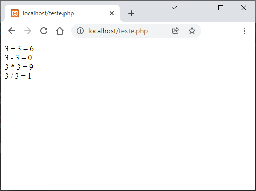 Printando resultado das operações de soma, subtração, divisão e multiplicação com PHP na tela do navegador