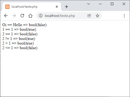 Resultado sendo exibido no navegador das operações de comparação com PHP (igualdade, diferença, maior que e menor)