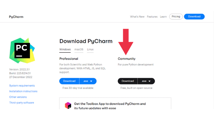 Instalando o PyCharm: página oficial de download - Versão Community