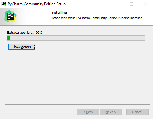 Instalando o PyCharm: tela de progresso