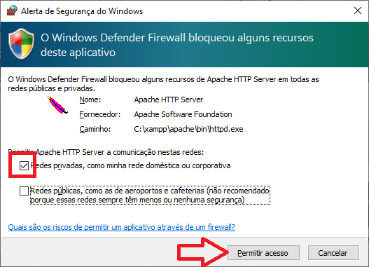 Instalando XAMPP Windows: habilitando o firewall do Windows