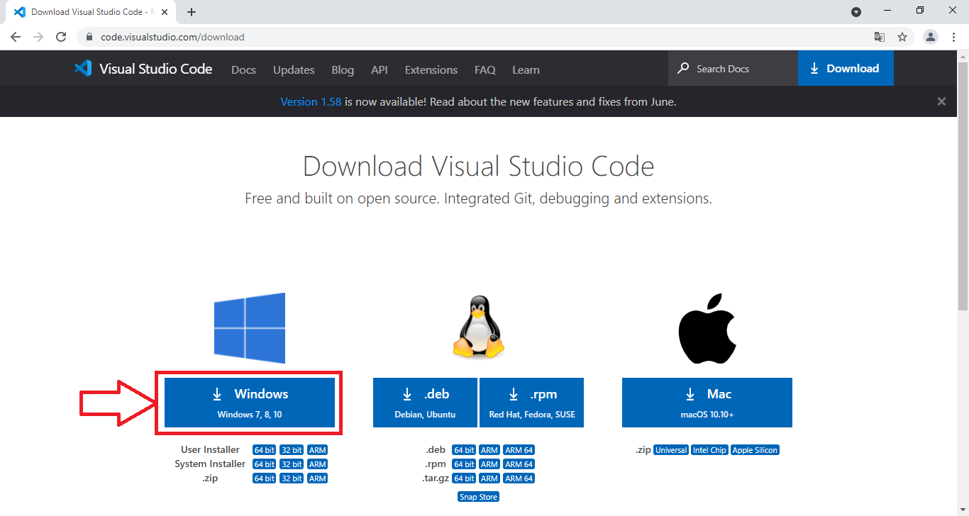 Instalando VSCode no Windows: baixando pela página oficial de download