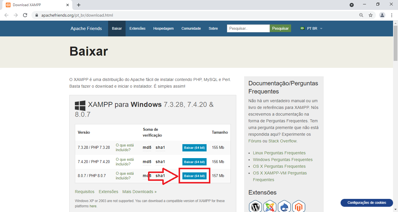 Instalando XAMPP Windows: página oficial para download