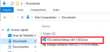 Instalando VSCode no Windows: abrindo o arquivo executável para instalar