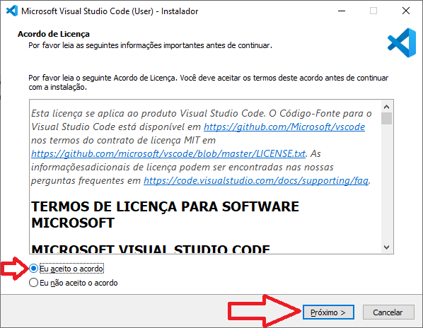 Instalando VSCode no Windows: marcar que concorda e prosseguir