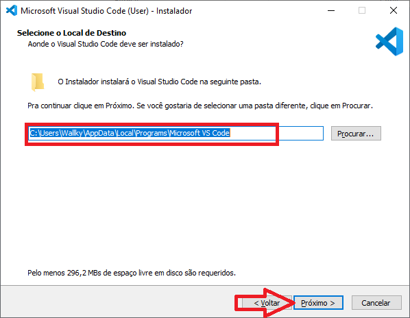 Instalando VSCode no Windows: selecionar a pasta de destino