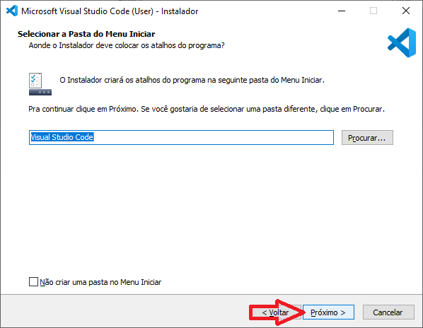 Instalando VSCode no Windows: escolhendo o nome que irá salvar no computador