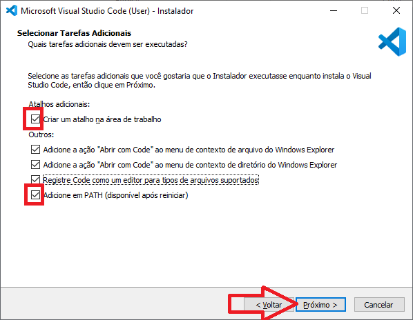 Instalando VSCode no Windows: selecionar o que deve ser instalado