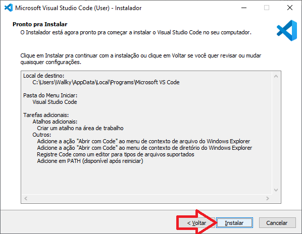 Instalando VSCode no Windows: confirmando tudo que será instalado