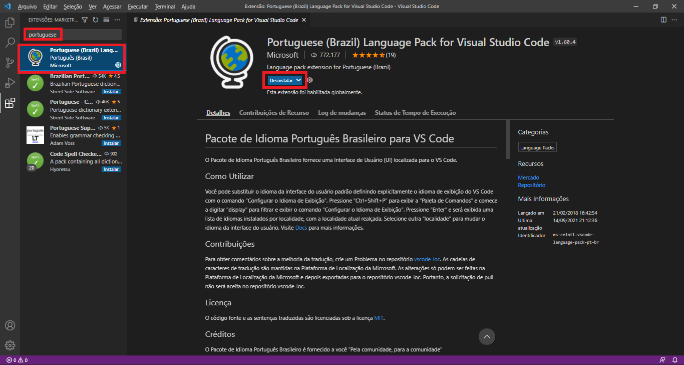 VSCode: instalando o plugin Portuguese (Brazil) Language Pack for Visual Studio Code para mudar o idioma