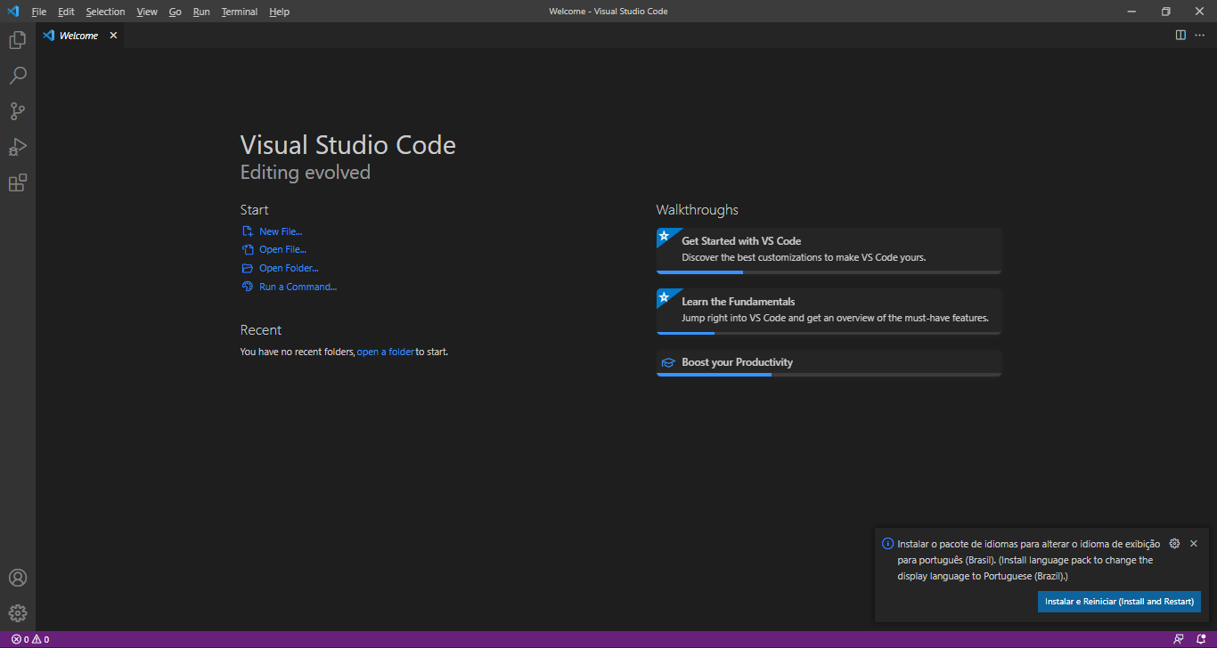 Abrindo o Visual Code no computador: tela inicial