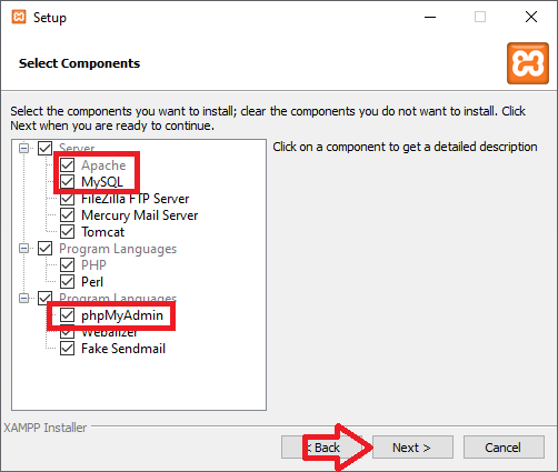 Instalando XAMPP Windows: marcar apenas o que deve ser instalado