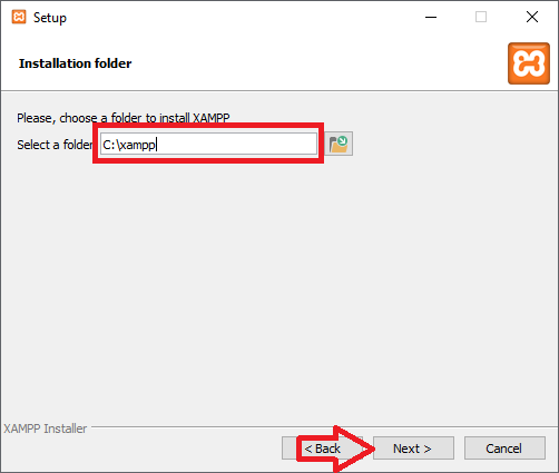 Instalando XAMPP Windows: selecionar a pasta onde será instalado no computador