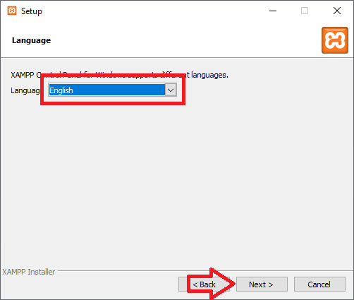 Instalando XAMPP Windows: selecionar o idioma e prosseguir