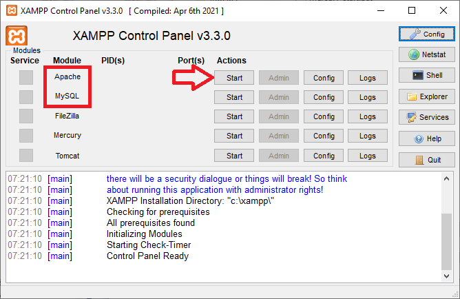 Instalando XAMPP Windows: abrindo o painel de controle e habilitando o Apache e o MySQL